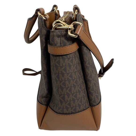 Michael Kors Reed Large Belted Satchel Bag Purse Brown MK Signature Logo FLAW - Picture 5 of 16